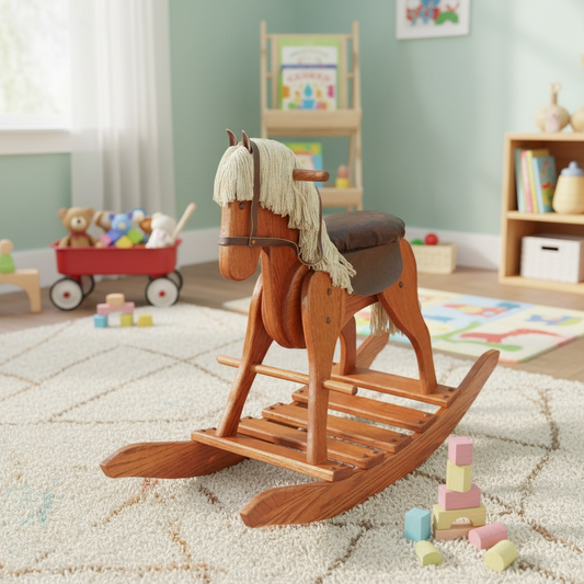 Wooden rocking horse in a child's playroom with toys and books around