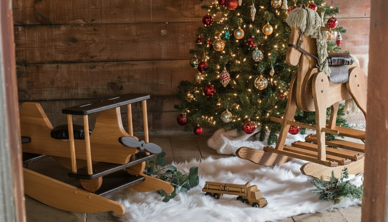 Decorated Christmas tree with ornaments in a room with wooden walls and toys on the floor.