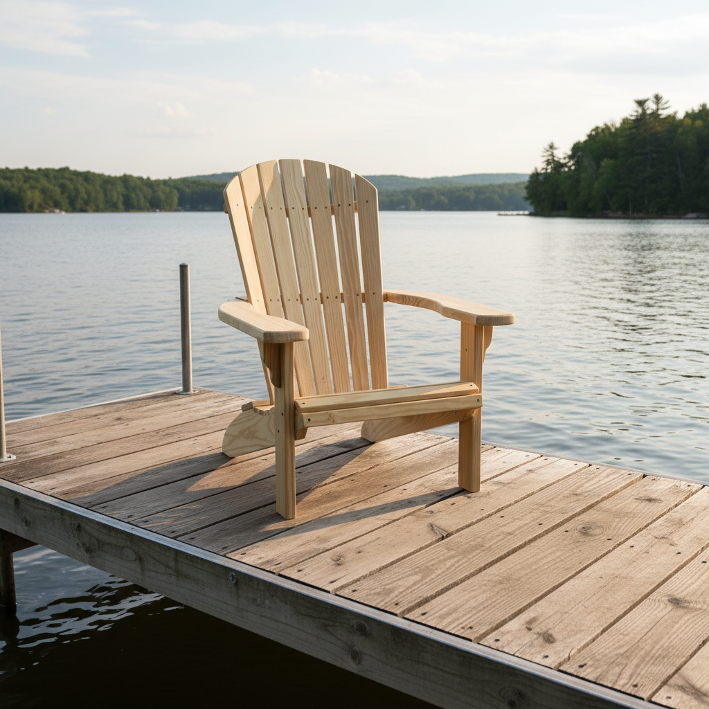 Wooden chair on a dock by a lake with trees in the background