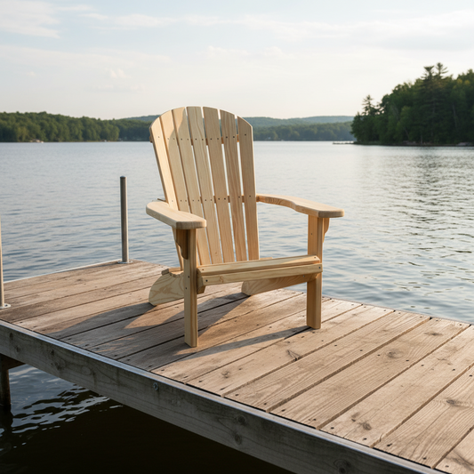 Wooden chair on a dock by a lake with trees in the background