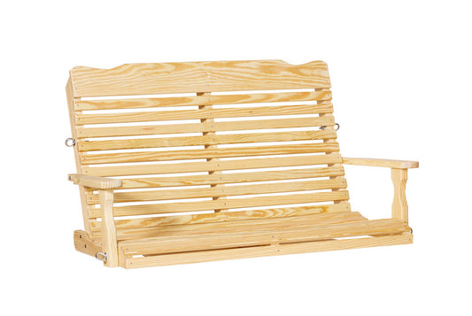 A light natural wood porch swing with a slatted back and seat, shown against a plain white background.