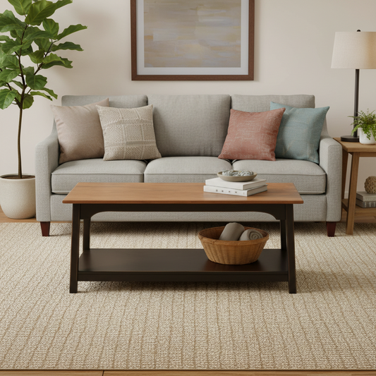 Living room with a gray sofa, wooden coffee table, and decorative items.