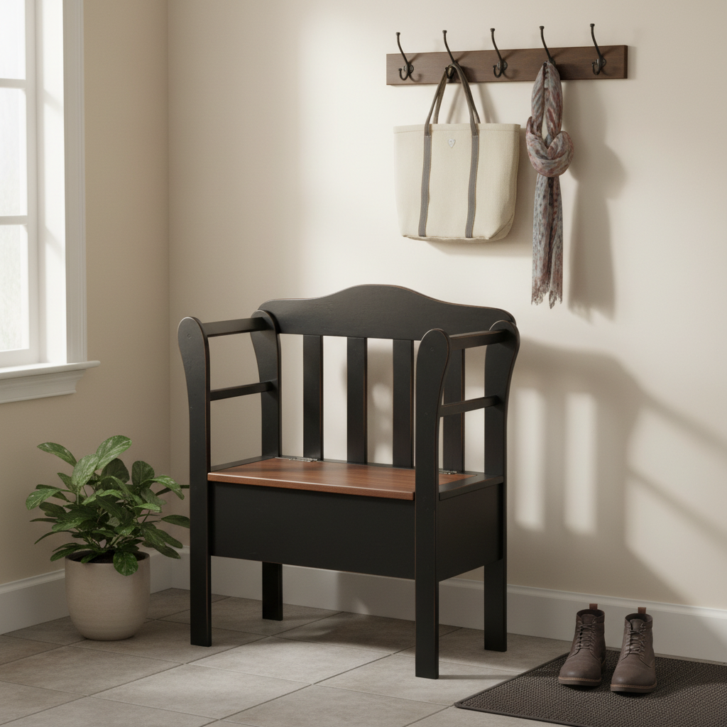 Black and wooden chair in a room with a plant, shoes, and a wall-mounted hook with bags and a scarf.
