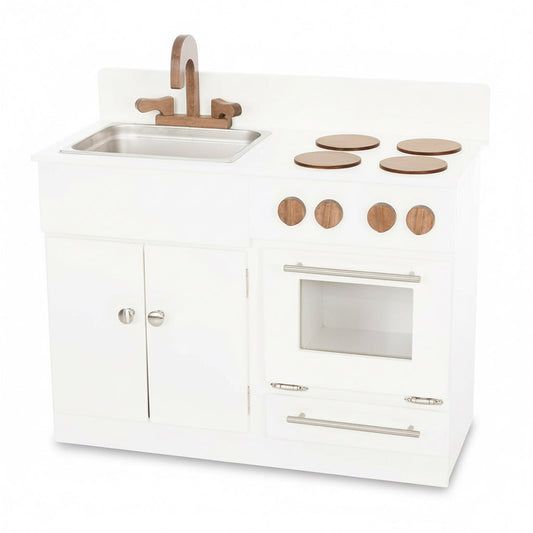 Children's play kitchen set with sink, stove, and oven on a white background