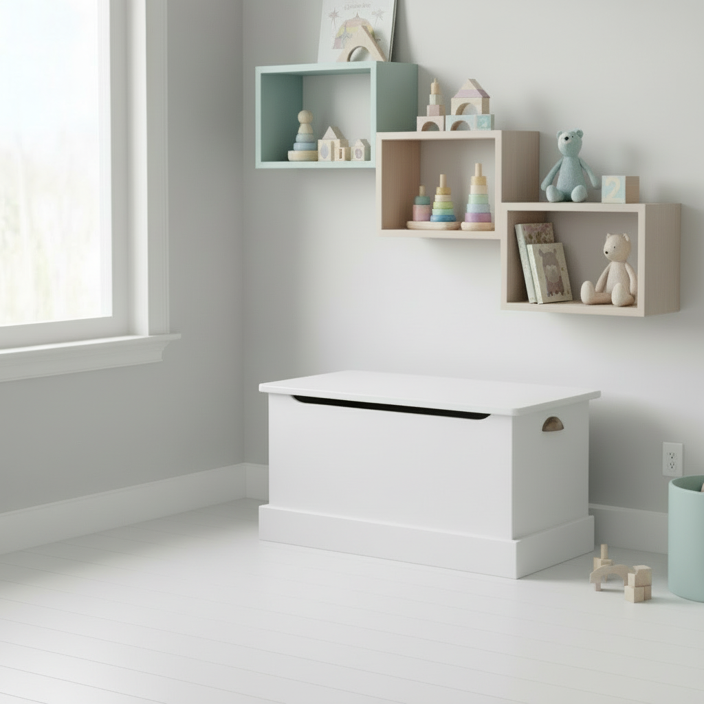 Children's room with white toy box, shelves with toys, and a small table.
