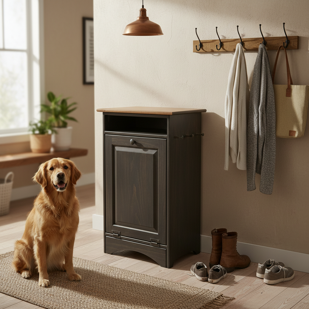 Dog sitting in a home entryway with a small stove, shoes, and coat rack.