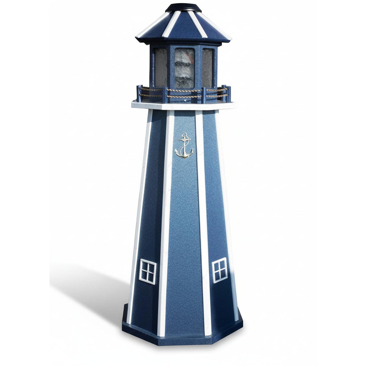 Blue and white lighthouse model on a white background