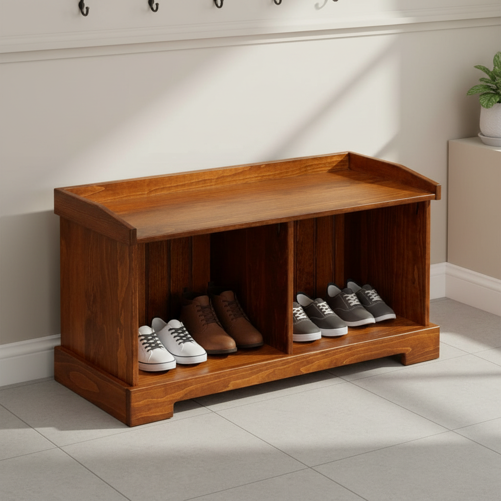 Wooden shoe bench with shoes underneath in a room setting