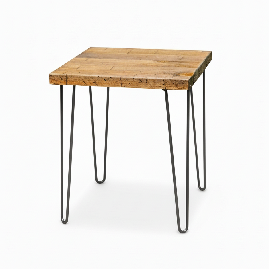 Small wooden table with metal hairpin legs on a white background