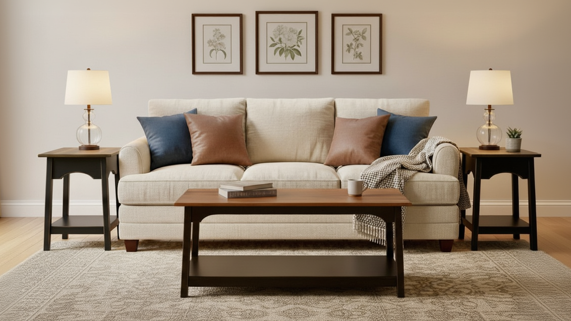 Living room with a beige sofa, wooden coffee table, and side tables with lamps.