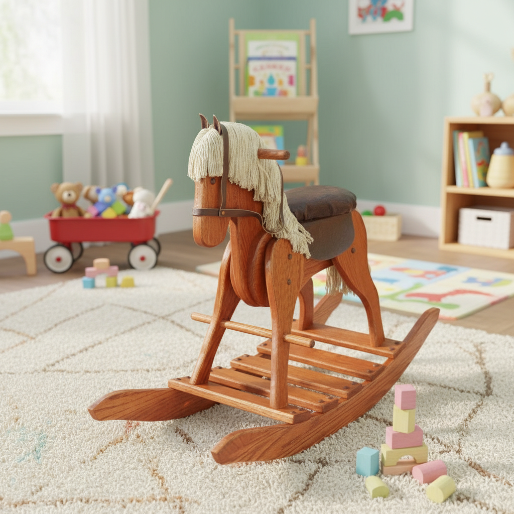 Wooden rocking horse in a child's playroom with toys and books around
