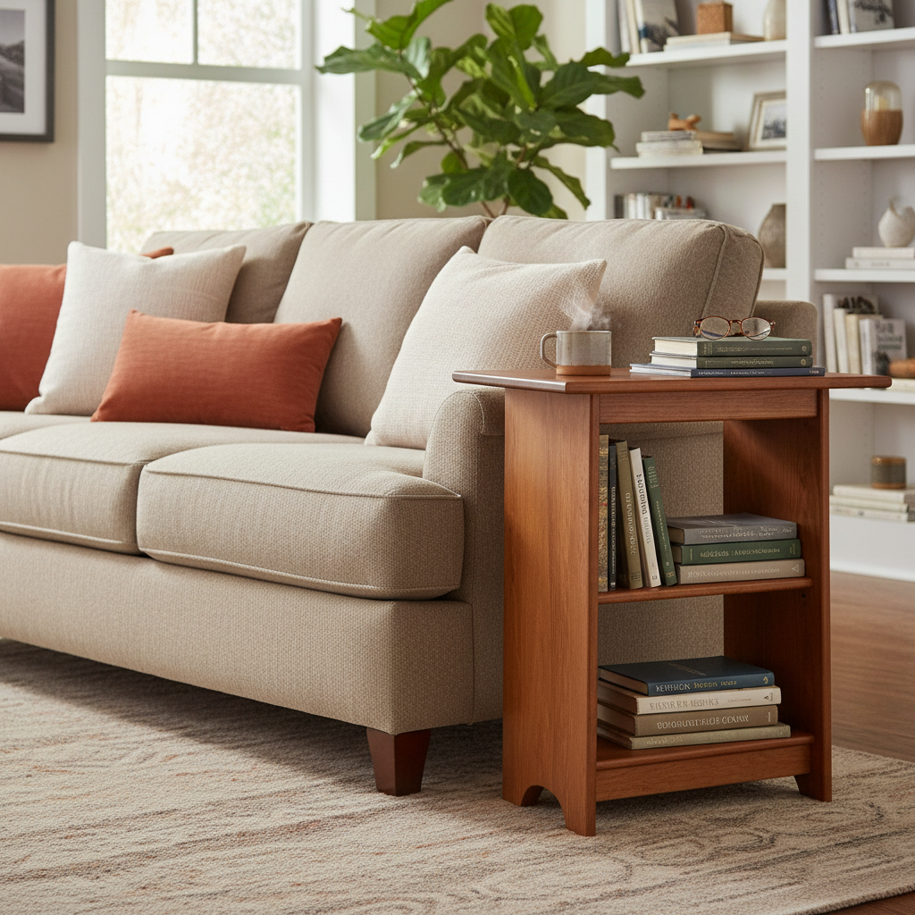 Beige sofa with decorative pillows and a wooden side table in a living room setting.