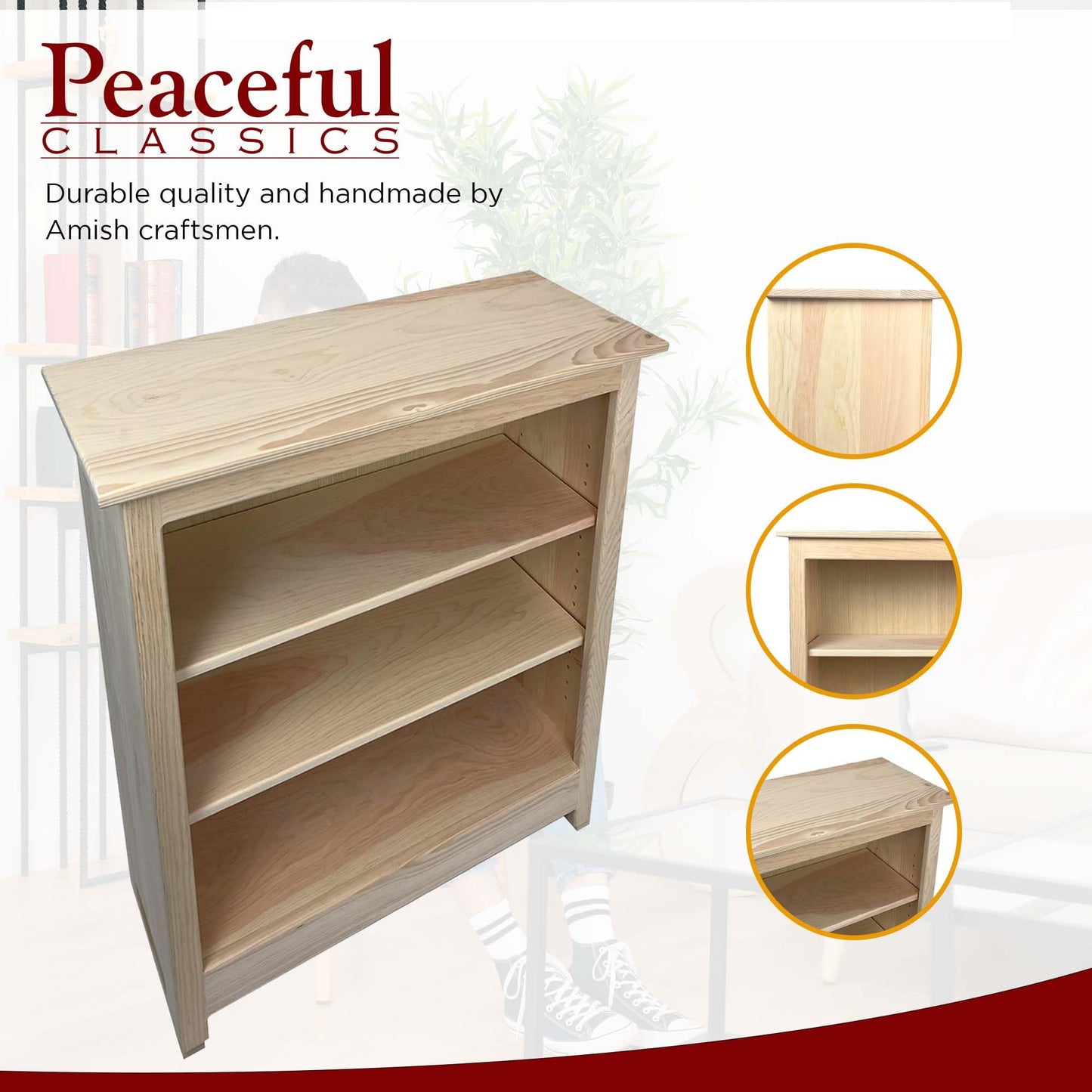 Peaceful Classics 3 Tier Bookcase, Adjustable Wooden Book Shelves for Small Spaces, Classroom, Bedroom, Office-Peaceful Classics