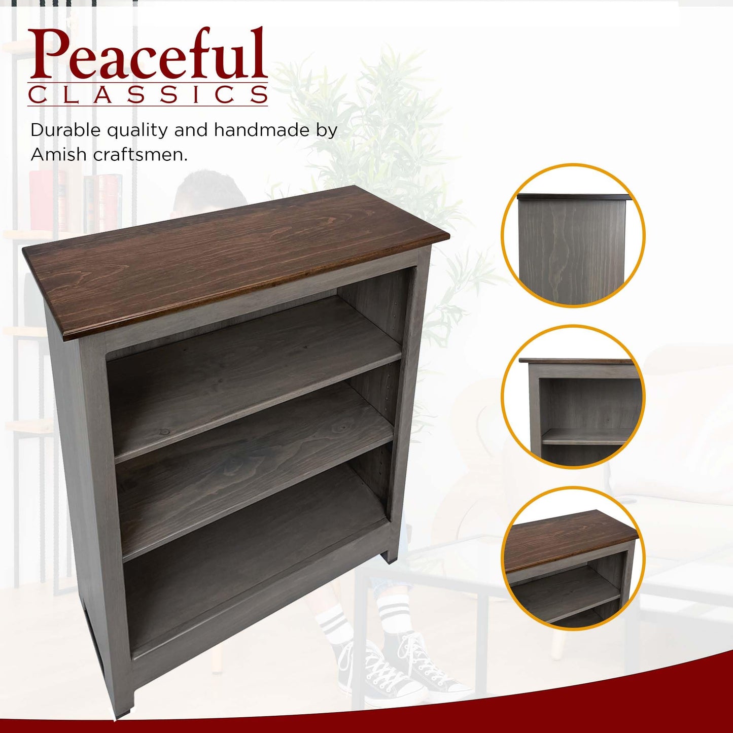 Peaceful Classics 3 Tier Bookcase, Adjustable Wooden Book Shelves for Small Spaces, Classroom, Bedroom, Office-Peaceful Classics